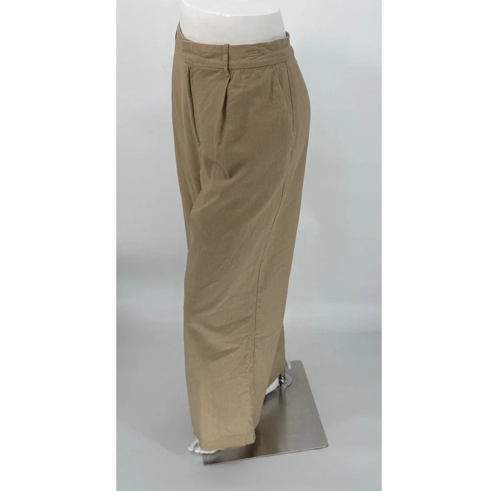 Zara Tan Khaki Linen High Waist‎ Pleated Wide Leg Trousers  XL Resortwear 102-57